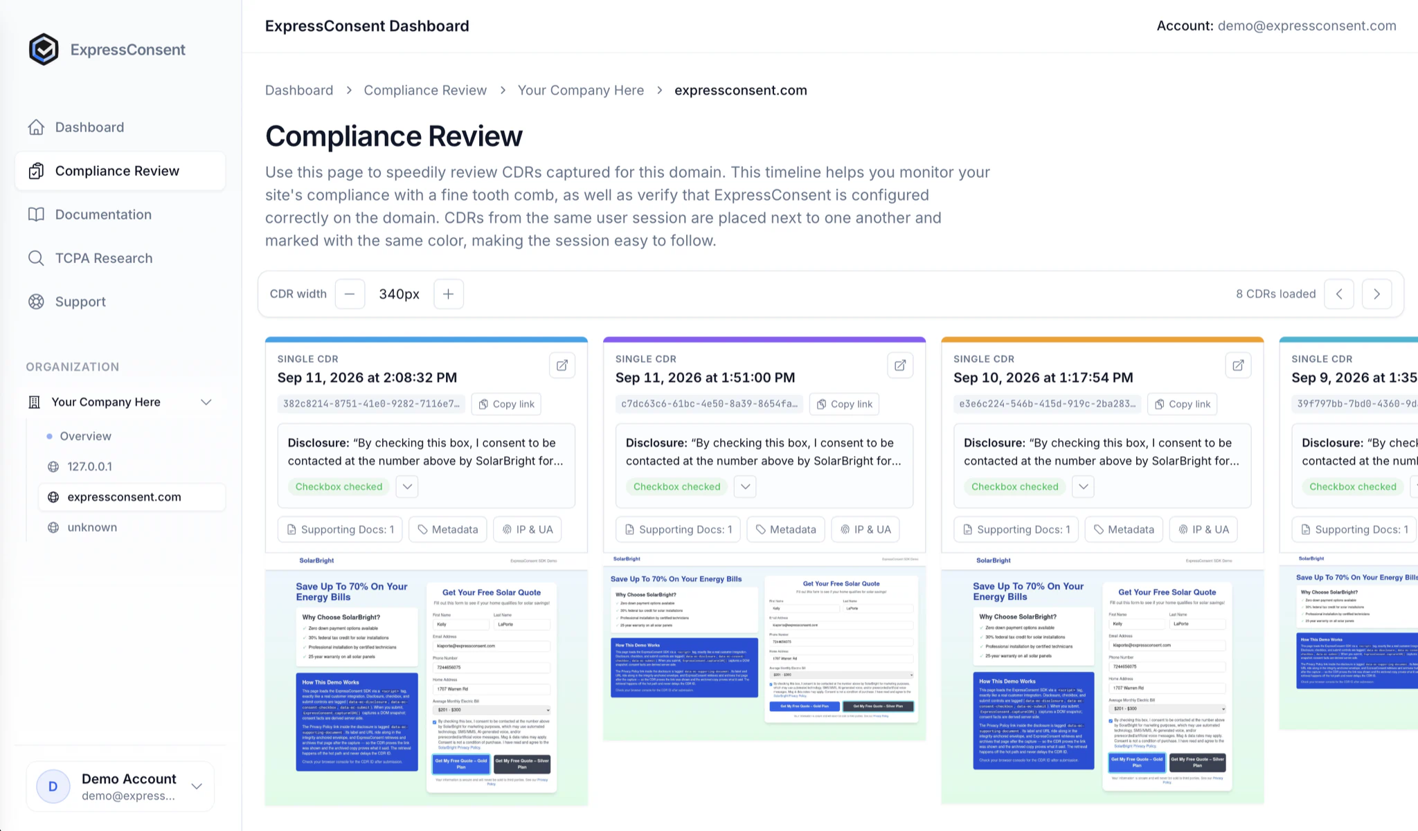 Compliance Review in the ExpressConsent dashboard, with recent consent records lined up side by side.